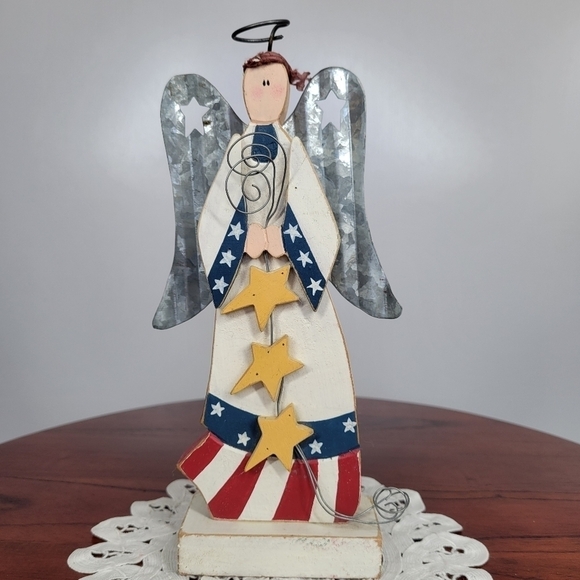 Primitive Wood Angel Figurine American Flag Stars Stars & Stripes Folk Art VTG - Picture 3 of 14
